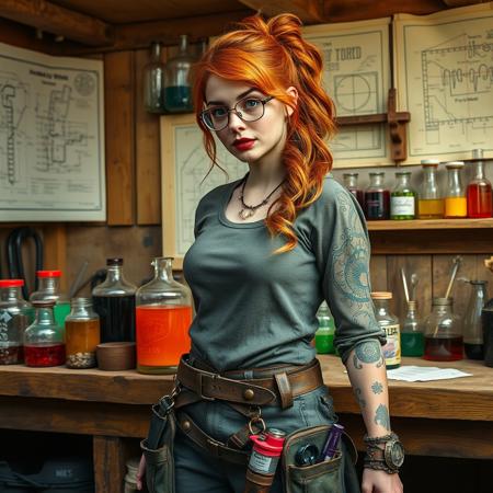 biopunk feminine alchemist,copper hair, in a workshop, plans on wall, brightly coloured liquids in jars, timber work bench, tool belt many pockets