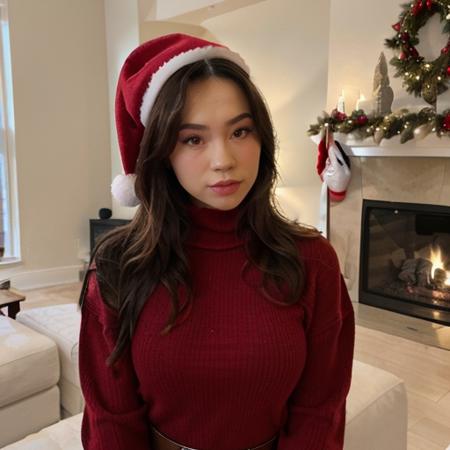 <lora:quarterjade_sd15_512_128_64_v1:1> picture of quarterjade, 1girl wearing red christmas santa hat,  wearing a turtleneck sweater, cozy fireplace in background, christmas decoration in background,
