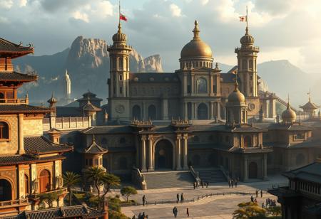Mournhold and Theed Naboo with Ming-era Chinese and Joseon-era Korean influences. Featuring Vivec Canton and Vivec's Palace from Morrowind. Ultra-realistic, epic composition, highly detailed. Dramatic and atmospheric urban landscape inspired by the Marin County Civic Center and Plaza de Espana, reimagined by Industrial Light & Magic. Royal Palace of Caserta. 4K resolution, post-processed for fantasy city posters and wallpapers.