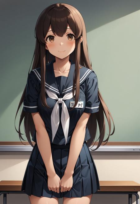 aaakagi, long hair, brown hair, brown eyes, japanese clothes, muneate, tasuki, hakama skirt, red hakama, white thighhighs aaakagi, long hair, brown hair, brown eyes, black serafuku, black sailor collar, white neckerchief, black shirt, name tag, short sleeves, pleated skirt, black skirt