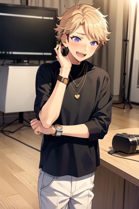 <lora:ArashiNarukami-03:0.75> ,arashi, solo, blush, smile, short hair, open mouth, blonde hair, shirt, 1boy, jewelry, purple eyes, male focus, heart, teeth, necklace, black shirt, chair, microphone, watch, wristwatch, hands on own face