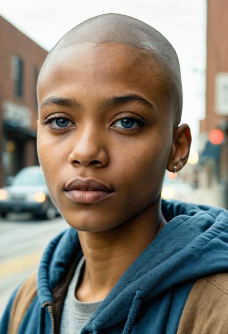 Craft a highly detailed cinematic portrait, capturing the essence of a character in a cinematic setting. Personalize this detailed scene by selecting from the following dynamic options:
Person: Teenager.
Ethnicity: African American .
Hair Style: Shaved Head .
Hair Color: Ash Gray .
Eye Color: Warm Hazel .
Cinematic Archetype: Outlaw .
Cinematic Location: Dystopian Street .
Cinematic Lighting: Electric Blue Hues .
Cinematic Weather: Clear Skies .
Skin Detail: The skin exhibits ultra-detailed features down to the pores, capturing every nuance and texture with precision.
<lora:add-detail-xl:1> <lora:sdxl_offset_example_v10:1>