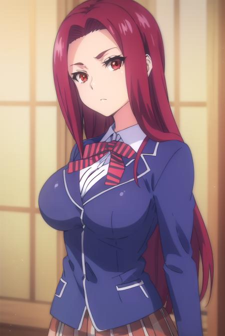 ryouko sakaki,  long hair, (red eyes:1.3), red hair, (forehead:1.2), bow, school uniform, striped, bowtie, blazer, striped bowtie, blue blazer, brown skirt, plaid skirt, plaid, chef, pants, white pants,