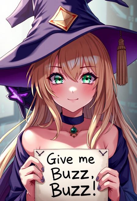 score_4,score_5,score_6,score_7_up,score_8_up,score_9 ((masterpiece,best quality,ultra detailed,highres,HD,4k:1.2)), 
1 girl,solo,face focus,
dark_magician_girl,blonde_hair,duel_monster,1girl,long_hair,green_eyes,bare_shoulders,wizard_hat,large_breasts,cleavage,hair_between_eyes, 
(("Give me Buzz.",Beggars Borad,Holding a sign, holding a sign that says, "Give me Buzz."))
wink,happy,blush, looking at viewer, smile,