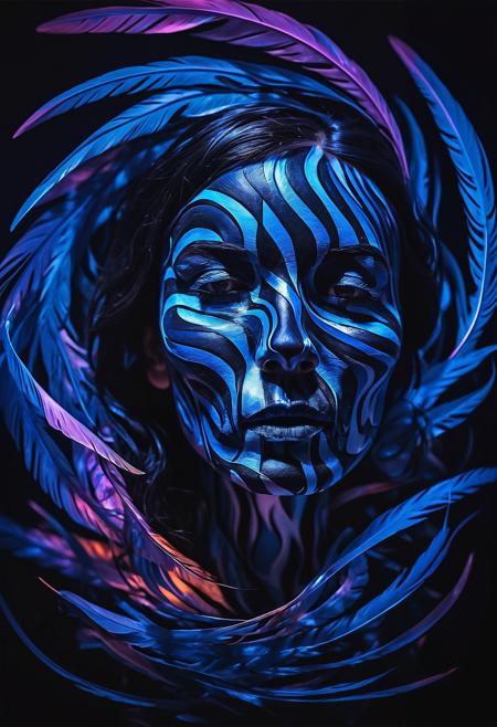 raw photo, the skull is distorted by the twists and turns of a woman with dark hair, in the style of neon impressionism, spiral vortex patterns, dark blue and light black, photoillustration, made of feathers, expressive light and shadow, expressionist emotiveness