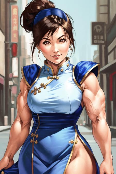 1girl, solo, chun-li, brown hair, ((brown eyes)), janrock-12000, double bun, detailed face, detailed eyes, intricate details, (portrait), ((detailed pupils)), short hair, (chinese dress), thick body, cityscape, street fighter, (((upper))), looking at viewer, closed mouth, seductive smile,