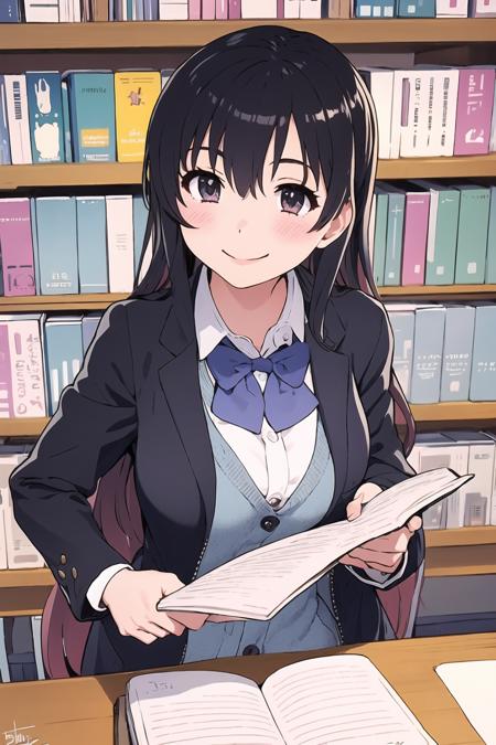 ((masterpiece)), (best quality), (detailed), (1 girl),<lora:sno-08:0.8>,bow, bowtie,black jacket,long hair,school uniform,library,smile