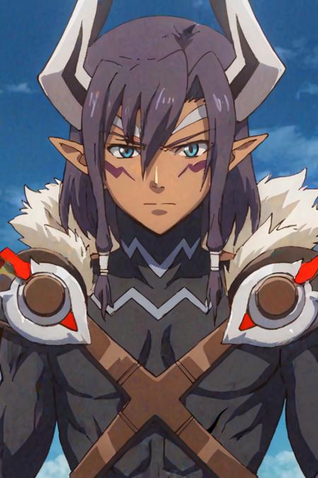 Leohart purple hair blue eyes long pointed ears dark skin horns, skintight black bodysuit, black brief, exposed groin, arm blades, talons, white fur hood, thigh boots, feet claws, large metal wings