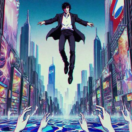 A pepsi commercial, a man walking through a bright futuristic city, masterful composition with perfect clean linework