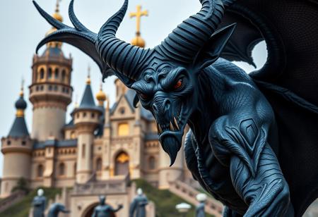 a close up of a demon black blue purpl on a Golden Castle of Stromberg background, drak fantasy goblin, has black wings, movie promotional image, accurate proportions, cell cover style, mattel, demon black blue purple, rat man, the photo shows a large, no watermark signature, archons, masai, mule, taco, high resolution details photo from deviantart, trending on artstation