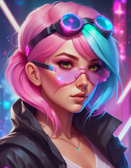 Female Hologram thief, sci fi, 8k, high quality, beautiful, vibrant colors, cyberpunk, goggles, pink hair, rainbow circuits bokeh background,   <lora:FaeStyle:0.8>