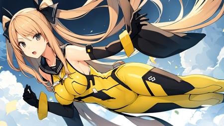 satohin reiko,1girl,twintails,long hair,blonde hair,detached sleeves,yellow bodysuit,blue sky,gloves,   <lora:satoyinTEST:0.55>,