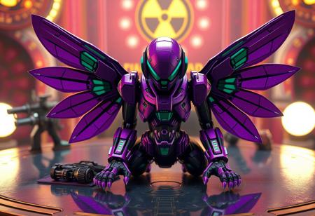 Create a highly detailed, lifelike image of a robot from the Overlord series, featuring a close-up shot of the robot on a table with a purple and green color scheme. Incorporate the golden ratio in the composition and ensure the image has a cinematic feel. The robot should have symmetrical wings, a tiny midriff, and a big pear-shaped head with dark teal accents. Include a nuclear bomb and a portcullis in the background, with Russian machine guns visible. Use Octane render and Unreal Engine to achieve a high level of realism. The final image should be in 8K resolution with an iridescent effect.