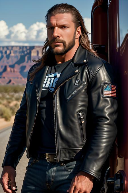 photo of (HHHCL01:0.99), a man as a biker, modelshoot style, ((full beard:1.2)), (long hair:1.3), (extremely detailed CG unity 8k wallpaper), photo of the most beautiful artwork in the world, professional majestic oil painting by Ed Blinkey, Atey Ghailan, Studio Ghibli, by Jeremy Mann, Greg Manchess, Antonio Moro, trending on ArtStation, trending on CGSociety, Intricate, High Detail, Sharp focus, dramatic, photorealistic painting art by midjourney and greg rutkowski, (shoddy biker leather combination:1.4), ((Harley-Davidson)), (tight trousers), ((standing in front of a motorbike)), ((side of the road)), ((route 66)), (rocky desert in the background), (arizona:1.2), (barrel cactus:1.1), (grand canyon:1.1), (looking at viewer), (detailed pupils:1.3), (modern outfit:1.2), (closeup), dim lights,  <lora:epiNoiseoffset_v2:1.2>