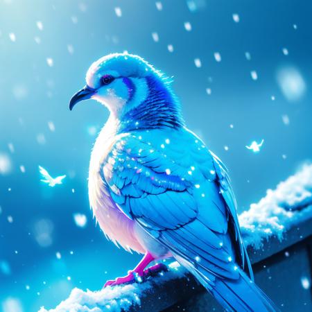 cinematic film still  animal, (flourescent azure theme), iridescent aura, bird, dove, closeup, snowing, high quality,best quality, highres, high detail,  masterpiece, best quality, <lora:Bluemageddon:1.1>, . shallow depth of field, vignette, highly detailed, high budget, bokeh, cinemascope, moody, epic, gorgeous, film grain, grainy