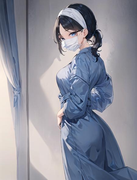 ((masterpiece, best quality, high quality)),1girl, (lower body, hospital), <lora:Surgical uniform:0.9> (surgical_uniform, mask, long sleeves, surgical mask,long dress, gloves,hat covering hair, hat,hair cover),  <lora:Kaede Sakata:0.7> (1girl, 3dcg 07, black hair, blue eyes, curtained hair, kaede sakata, low twintails, medium breasts, parted bangs, ponytail, short hair, solo, twintails),