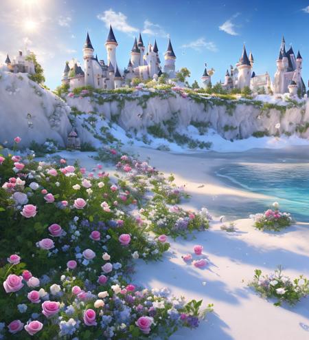 castle, flowers, delicate scene, sky,white clouds,and sunlight shine on the snow-white beach. flowers roses and shiny large shells, diamond crystal, on the beach, fantasy, sky night , moon, smoke , fire, photo, HD, 8K , realistic, HD,  intricate, 8k, highly detailed,fun, sharp focus, <lora:4x_RealisticRescaler_100000_G:1>