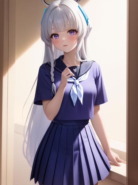 (purple serafuku:1.4), 1girl, solo, standing, (neckerchief:1.1), white hair, purple eyes, short sleeves, pleated skirt, (purple skirt:1.2), long skirt, indoors, very long hair, halo,