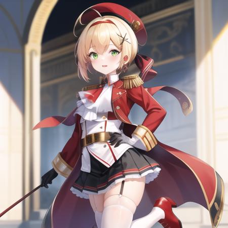 (masterpiece, best quality:1.2),illustration,8k,hd,absurdres,1girl,solo,cowboy shot,southampton (azur lane),ahoge,ascot,belt,black gloves,black skirt,blonde hair,brooch,cropped jacket,epaulettes,garter straps,green eyes,hair ornament,hairband,hat ribbon,jewelry,knee boots,long sleeves,looking at viewer,miniskirt,musical note hair ornament,red footwear,red headwear,red jacket,red ribbon,red shirt,sash,short hair,small breasts,tailcoat,white thighhighs,white neckwear,wing collar,x hair ornament,<lora:South Ampton(azur):0.8>,