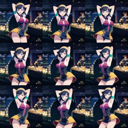 frame grid, 1girl, arms up, multiple views,arms behind head,