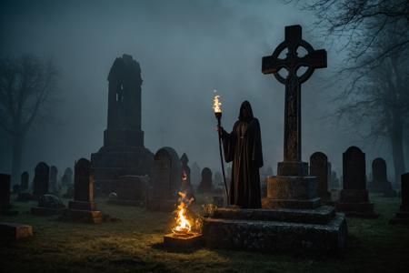 Horror-themed ,  masterpiece , in the middle ages an irish stone cross on a pedestal with celtic sybols surrounded by ancient gravestones in a mystical fog-covered cemetery, at midnight , (a female in a long dark coat and holding a burning torch walks in the middle distance:1.4), dense fog rolls in, (crows fly in the moonlight:1.3),  
(darkness:5.0), midnight,  dark, dangerous, ghostly, spooky, scary, horror, mystical, creepy,  <lora:add-detail-xl:1.8>,
Ultra-HD-details, true to life, HDR image,High detail resolution, high detailed, realistic,sharp focus,(very detailed),((4K HQ)),depth of field,f/1.2,Leica,8K HDR,High contrast,shadows, bokeh, (8K HDR photo),realistic texture,realistic shadows,accurate to life,living image,lifelike , shallow depth of field, (vignette:1.5), highly detailed, high budget, bokeh, cinemascope, moody, epic, gorgeous, film grain, grainy, Extremely high-resolution details, photographic, realism pushed to extreme, fine texture, incredibly lifelike,  Eerie, unsettling, dark, spooky, suspenseful, grim, highly detailed . Eerie, unsettling, dark, spooky, suspenseful, grim, highly detailed . Eerie, unsettling, dark, spooky, suspenseful, grim, highly detailed . Eerie, unsettling, dark, spooky, suspenseful, grim, highly detailed