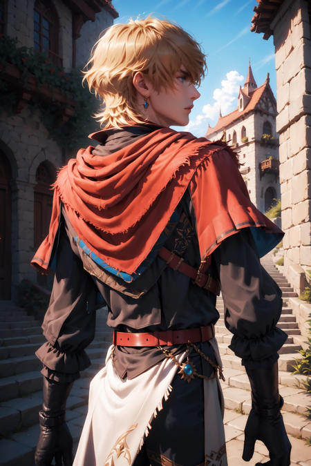 imtdjoshuaff, 1boy, blonde hair, blue eyes, short hair, bangs, hair between eyes, black gloves, belt, capelet, scarf, red scarf, pants, earrings