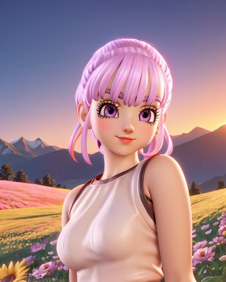 <lora:teresa:1> teresadq, pink hair, (1girl), wearing a one-shoulder sweater dress. Detailed eyes framed by long, perfect eyelashes. Her eyebrows are perfectly arched and delicate, adding grace to her gaze. Elegant eyeliner. Light make-up. Detailed face. Soft features. Wry smile. Standing in the middle of a multi-colored flower field, facing camera. vast open view in the background, mountains, hills, sunset. Photorealistic, Natural atmospheric lighting, intricate details, 35mm photograph, film, professional, 4k visuals, highly detailed, elegant, studio quality.
