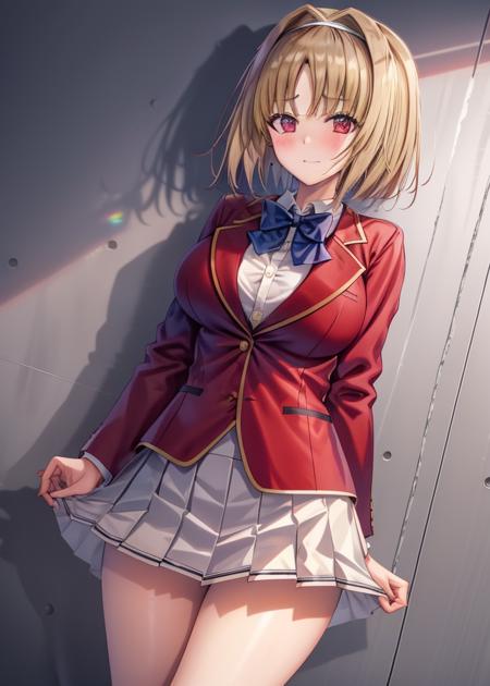 <lora:Kushida_Kikyou-10:1>,1girl, solo, red eyes,blush,short hair, blonde hair, large breasts, long sleeves, bow,school uniform, jacket, white shirt,pleated skirt, hairband, collared shirt,miniskirt, bowtie, black bow, buttons, blue bow, hair intakes, blazer, white skirt, red jacket, white hairband,hair intakes,