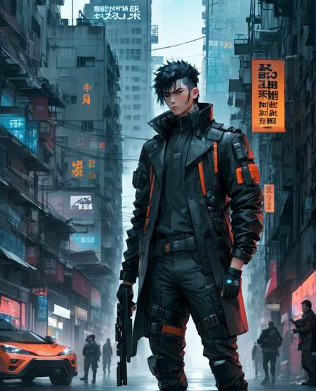 1boy, belt, black hair, building, car, city, cyberpunk, cyberpunk style, fingerless gloves, gloves, ground vehicle, gun, holding, jacket, male focus, motor vehicle, outdoors, solo, standing, weapon
<lora:sdxl_cyberpunk:0.65>