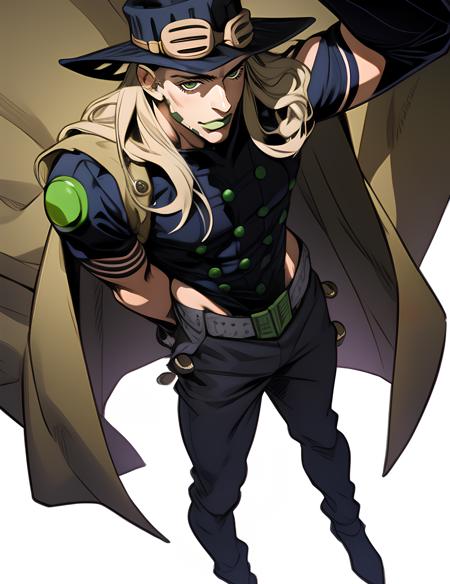 solo, araki hirohiko (style), brown cape, fullbody, gyro zeppeli, hat, goggles,  belt, long hair,body, thin waist, male focus, 1boy, masterpiece, best quality, ultra-detailed detailed, detailed digital artwork, hi res, male focus, beard,  <lora:gyro-000003:0.85>