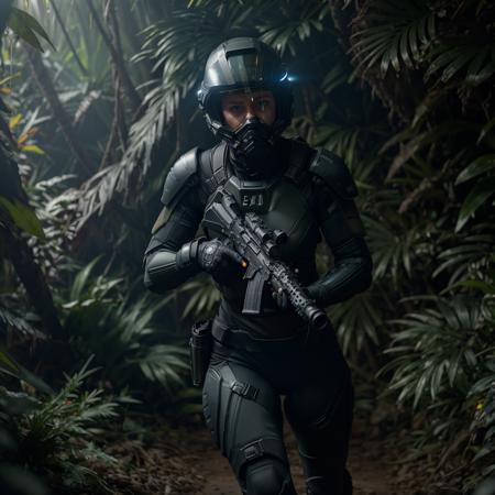 Masterpiece, highest quality, (cinematic lighting:1.1), hip level shot, of (athletic female special soldier, wearing high-tech black Exo Suit, with full helmet), running through the jungle, ((holding gun)),  action shot, chase sequence, dense exotic flora, (mountains:1.1), cliff, (crepuscular rays:0.5), dappled light, (highly detailed, intricately detailed), (lens flare:0.4), (bloom:0.5), particle effects, prominent projected shadows, deep depth of field, film grain, photographed on a Hasselblad X1D II 50c, 16mm F4 wide-angle lens, deep focus, (RAW), cinematic film still from Gravity 2013