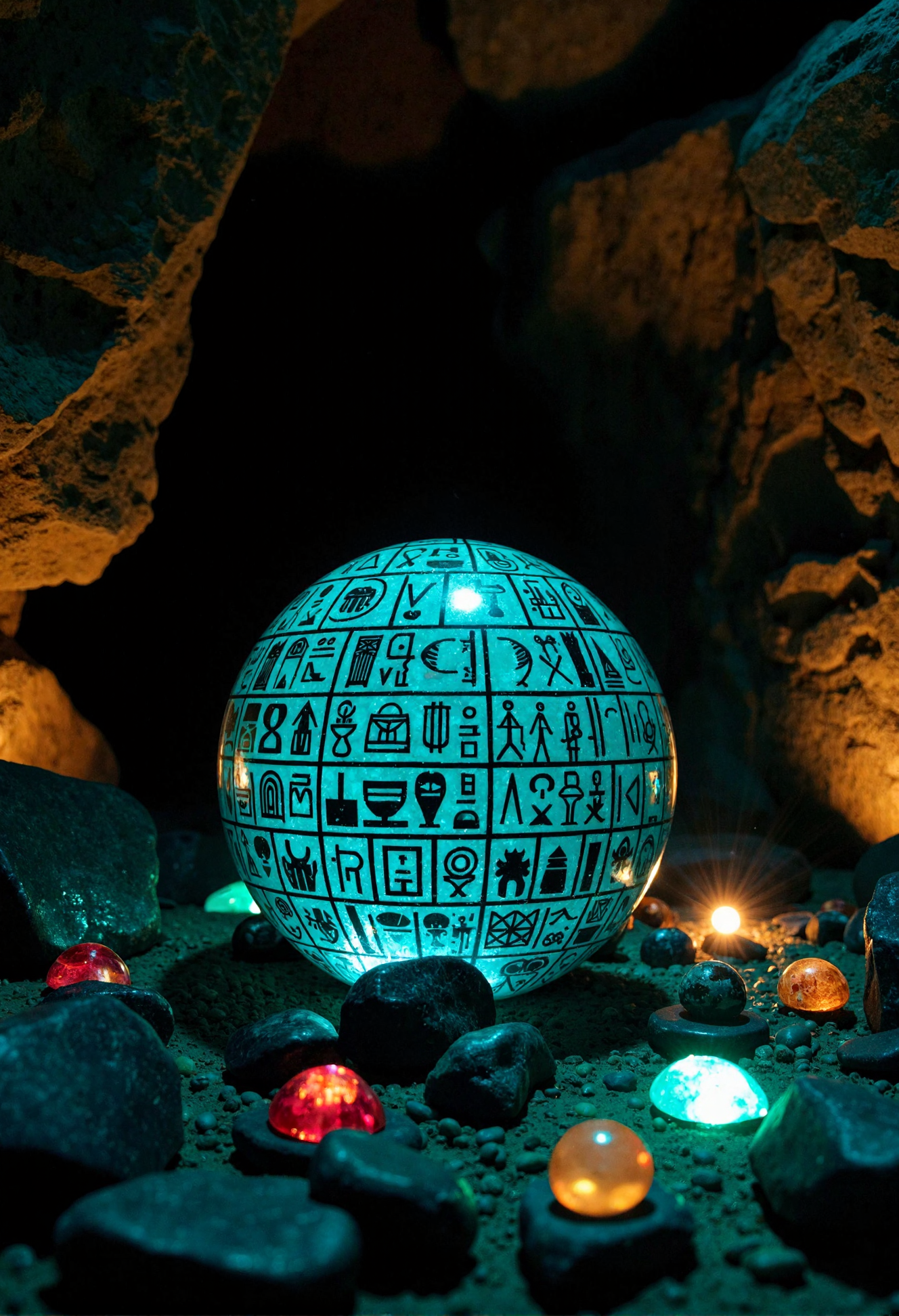 A large glowing turquoise sphere covered in pictographic symbols sitting on rocky cave ground. The orb emits an internal light that illuminates the intricate grid pattern of symbols across its surface. Multiple small glowing gemstones in red, orange, blue, and white colors are scattered around the base among dark rocks and cave debris. The scene takes place inside a cave with rough stone walls and ceiling lit orange-brown by alight in the background.
