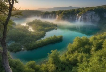 Sunrise over the rugged landscape of Croatia's Plitvice Lakes National Park, 
mist rising from the emerald waters, 
ancient trees shrouded in a soft morning glow, 
wildlife peacefully starting their day, 
bird's eye view, 
capturing the freshness and untouched beauty of nature, 
HDR photography, 
wide angle lens, 
high dynamic range, 
vibrant greens and earthy tones, 
crisp clarity, 
ultra fine details.