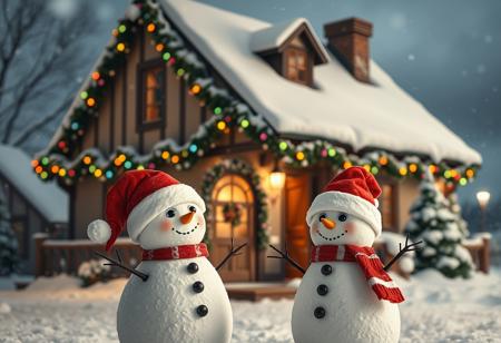 A highly detailed photorealistic image of a small-town house during Christmas, captured from a medium distance. The house is decorated with festive garlands, colorful lights, and a snow-covered roof. In front of the house, two lifelike snowmen stand side by side, both wearing Santa hats and smiling warmly. The surrounding scene features falling snow, with soft lighting that highlights the cozy and magical holiday atmosphere.
<lora:aidmaMJ6.1v0.4:0.6> aidmaMJ6.1  <lora:AntiBlur:1>