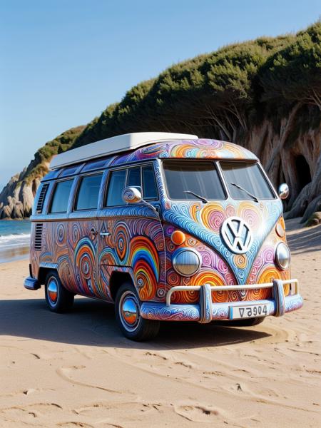 An ais-spirals VW camper van parked at the beach on a sunny day <lora:Colorful_Spirals_SDXL:1>