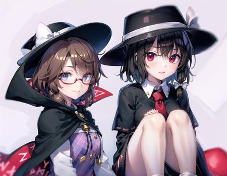 best quality, ultra high res, 2girls, 
AND 2girls, jk, usami sumireko, <lora:sumireko:1>, short hair, low twintails, black hair, fedora, (cape), (red-framed eyewear), plaid skirt, plaid vest, smile, closed mouth, looking at viewer, facing front,
AND 2girls, jk, usami renko,  <lora:renko:1>, short hair, black hair, fedora, red eyes, black capelet, red tie, white shirt, black pleated skirt, bare legs, white socks, black dress shoes,