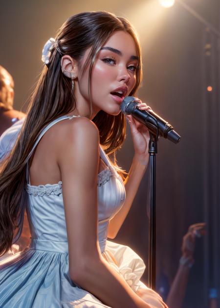 ((masterpiece)), (best quality), perfect anatomy, highres, detailed, (8k), photorealistic,best quality, ultra highres,  ((detailed face)),
<lora:madisonbeer_smf_lora_01-000003:0.9>, realistic, 1girl, madisonbeer-smf, scenary, singing, people, studio light, princess dress, white dress