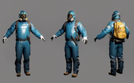 Multi view, front view, side view, rear view, reference table, game character design, mask, gloves, backpack, 1boy, gray background, helmet, male focus, multiple view, bag, simple background, gas mask, mask, gloves, full body, yellow protective suit, researchers<lora:xieshisanshitu:1>,