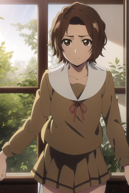 masakikurosaki, <lora:masakikurosakitest:1>,
masaki kurosaki, short hair, brown hair, (brown eyes:1.5),
BREAK skirt, ribbon, school uniform, pleated skirt, serafuku, socks, kneehighs, white socks,
BREAK looking at viewer,
BREAK indoors, classroom,
BREAK <lora:GoodHands-vanilla:1>, (masterpiece:1.2), best quality, high resolution, unity 8k wallpaper, (illustration:0.8), (beautiful detailed eyes:1.6), extremely detailed face, perfect lighting, extremely detailed CG, (perfect hands, perfect anatomy),