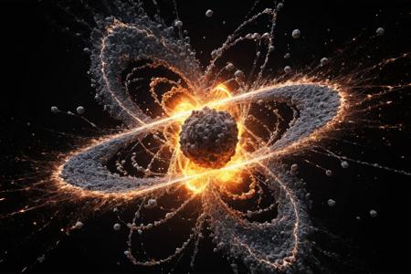 explosive moment of atomic division, convey the raw power and energy, atom fractures, cascade of particles, mesmerizing dance of matter breaking apart, revealing the fundamental forces that shape our universe, black background,  <lora:add-detail-xl:0.8>