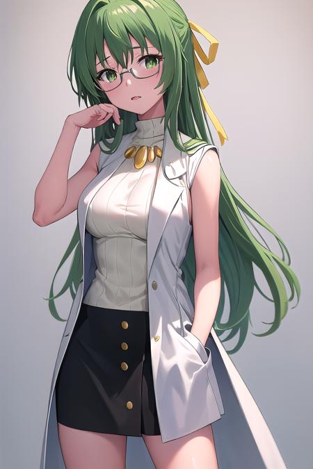 masterpiece, best quality, ultra-high-detailed, 1girl, lab coat,  hands in pockets, glasses, Sonozaki Shion, green hair, green eyes, long hair, yellow ribbon, yellow necklace, turtleneck sweater, black skirt,