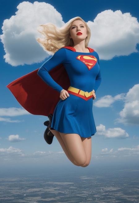 Surrealism, 1940's blonde woman as Supergirl, long hair, superman uniform, blue uniform, flying, sky, clouds