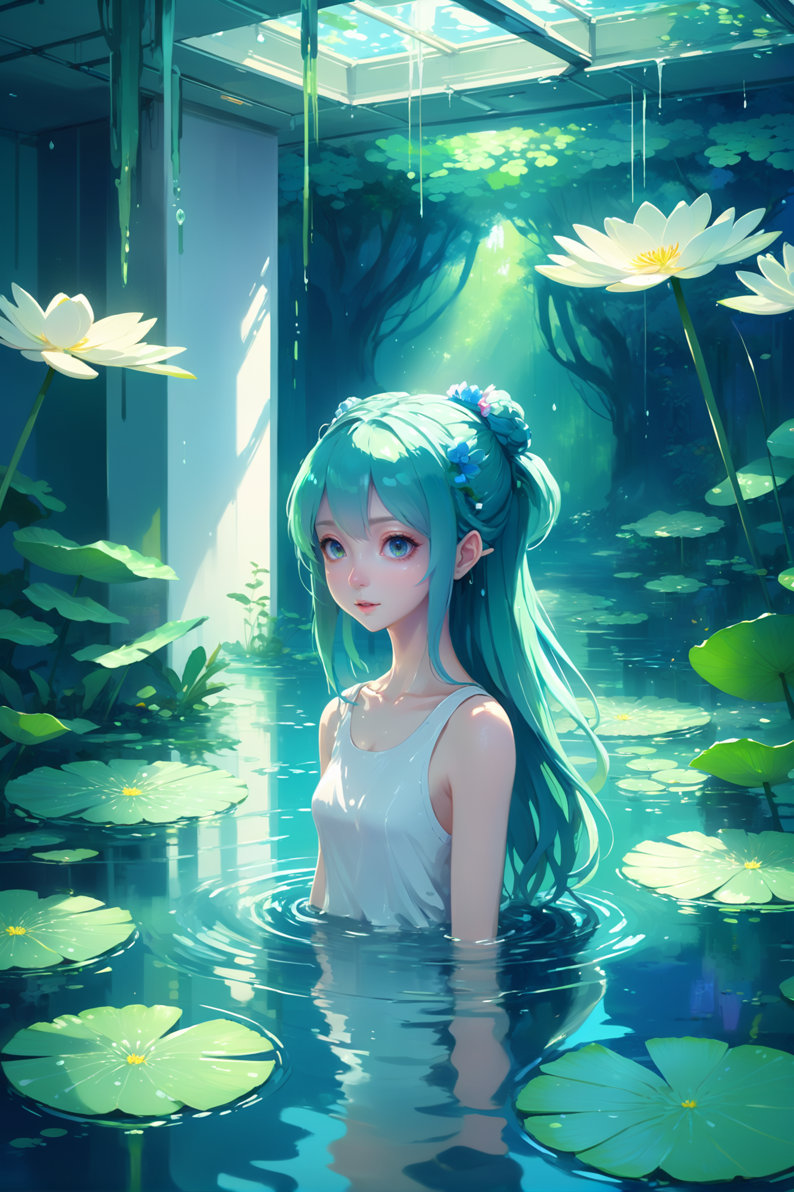 Water Nymph: An Anime-Inspired Artwork of a Mermaid in a Forest Pond