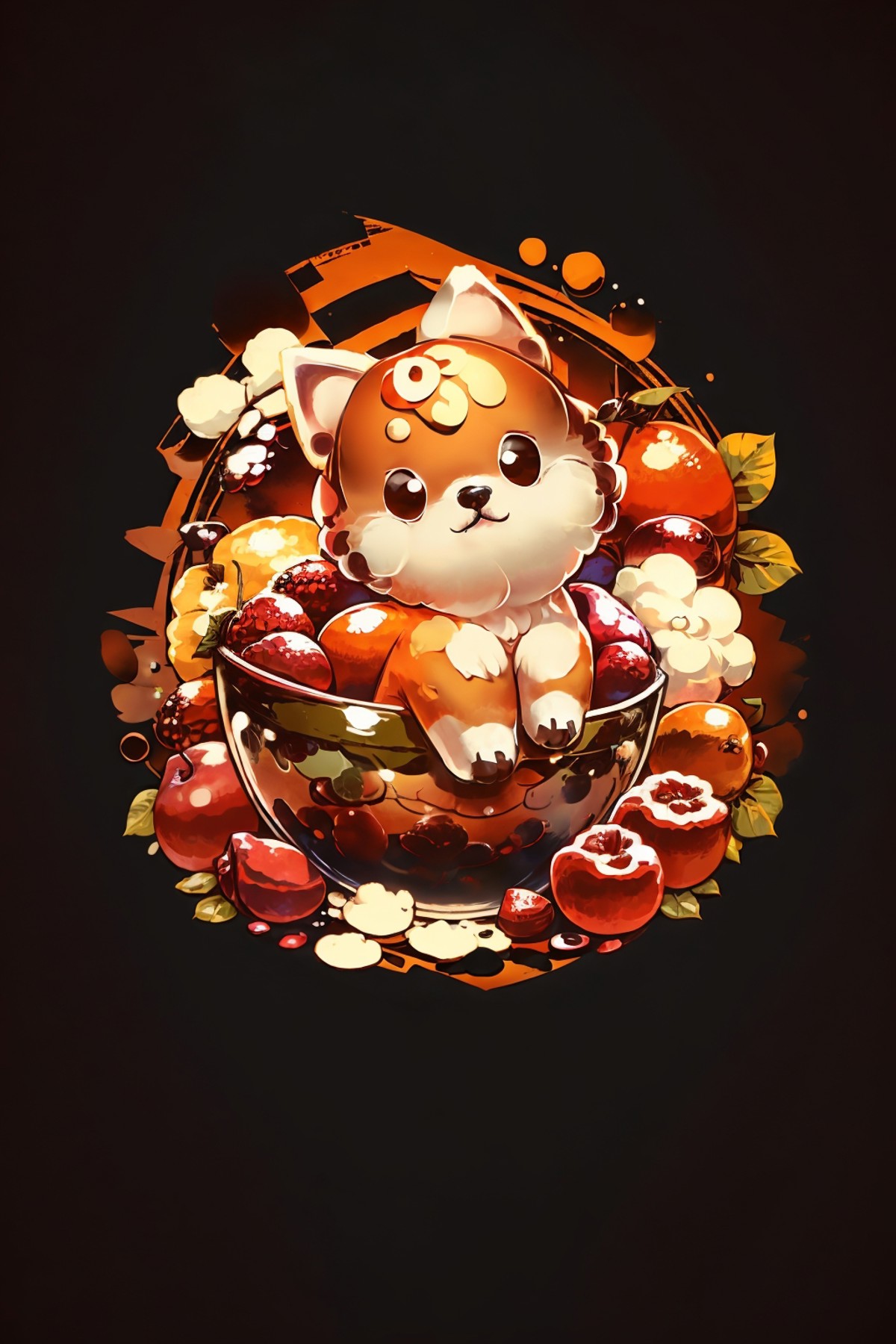 cute00d, tempera (medium), Yorkie Bichon, fruit background, <lora:cute00d-000020:1.1>