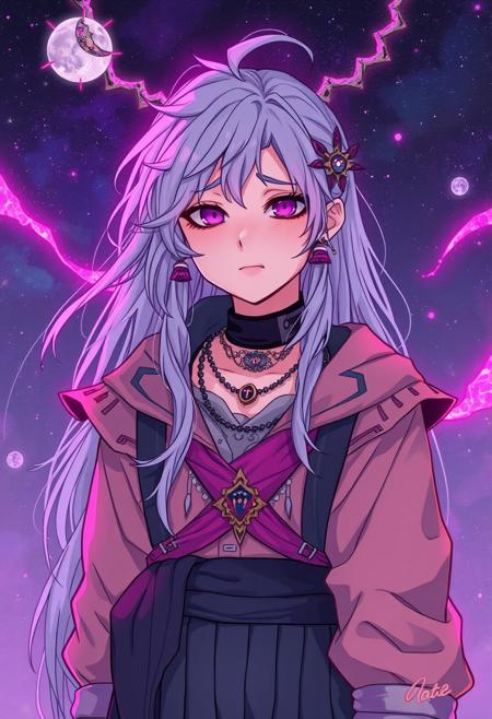 Illustrate a character from a ethereal vaporwave world, incorporating elements of ethereal vaporwave into their design and showing the intricate details of their appearance and attire, apprehension, restlessness, worry, fear, racing thoughts, tension, nervousness