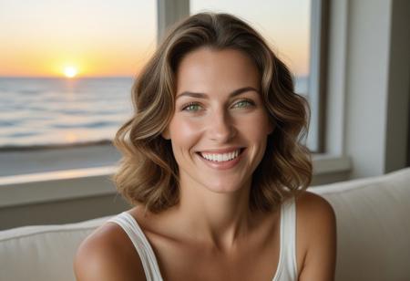 A meticulously detailed, hyper-realistic studio portrait of Olivia, a 35-year-old woman with sun-kissed skin and bright green eyes. She has a slim, oval, delicately contoured face with high cheekbones, a narrow jawline, and a subtle V-shaped chin. Her wavy, short-length light brown hair is casually tousled, framing her naturally beautiful face. Her skin has realistic texture: visible pores, soft natural wrinkles, gentle laugh lines, and minor imperfections that enhance authenticity. She wears a warm, genuine smile with slightly imperfect teeth. She seats in a living room, watching the sunset, and ocean,through an elegant beautiful Huge window, captured with an 85mm lens at f/4, with natural color grading and an unedited RAW film look — inspired by Kodak Portra 400. No makeup retouching, no plastic effect, no artificial smoothing.