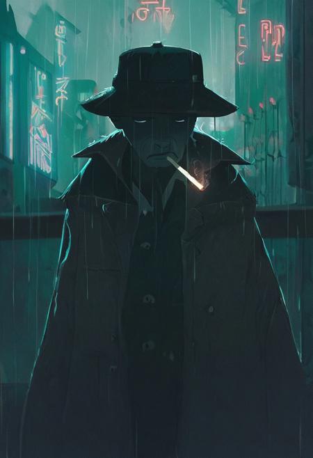 score_9_up, score_8_up 
a tired detective, wearing a long coat and a ragged hat, smoking a cigarette by the entrance of a pub
neon lights illuminate the scene while the rain pours heavily on the city