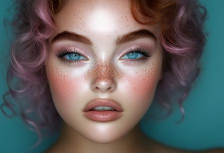 The image is a high-resolution photograph featuring a young woman with striking, ethereal features. She has light skin with a scattering of freckles across her face, particularly prominent across her cheeks and nose. Her piercing, large blue eyes are wide open, giving her a dreamy expression. Her hair is a vibrant, pastel lavender, styled in loose, tousled waves, with bangs that frame her face. She has a delicate, natural makeup look with a focus on her lips, which are painted a soft, natural pink.rockabilly style, 1girl, solo, realistic, looking at viewer, flower, freckles, lips, blurry, parted lips, close-up, 1950's