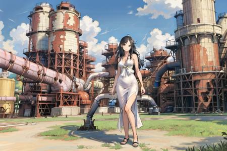 (masterpiece:1.2),best quality,illustration,beautiful detailed girl,

(looking at viewer),closed mouth,
(full body,standing:1.0),
medium breasts,long hair, black hair,white long sundress,
(factory ruins:1.1),day,outdoors,industrial pipe,
<lora:FactoryRuins_v10:0.4>