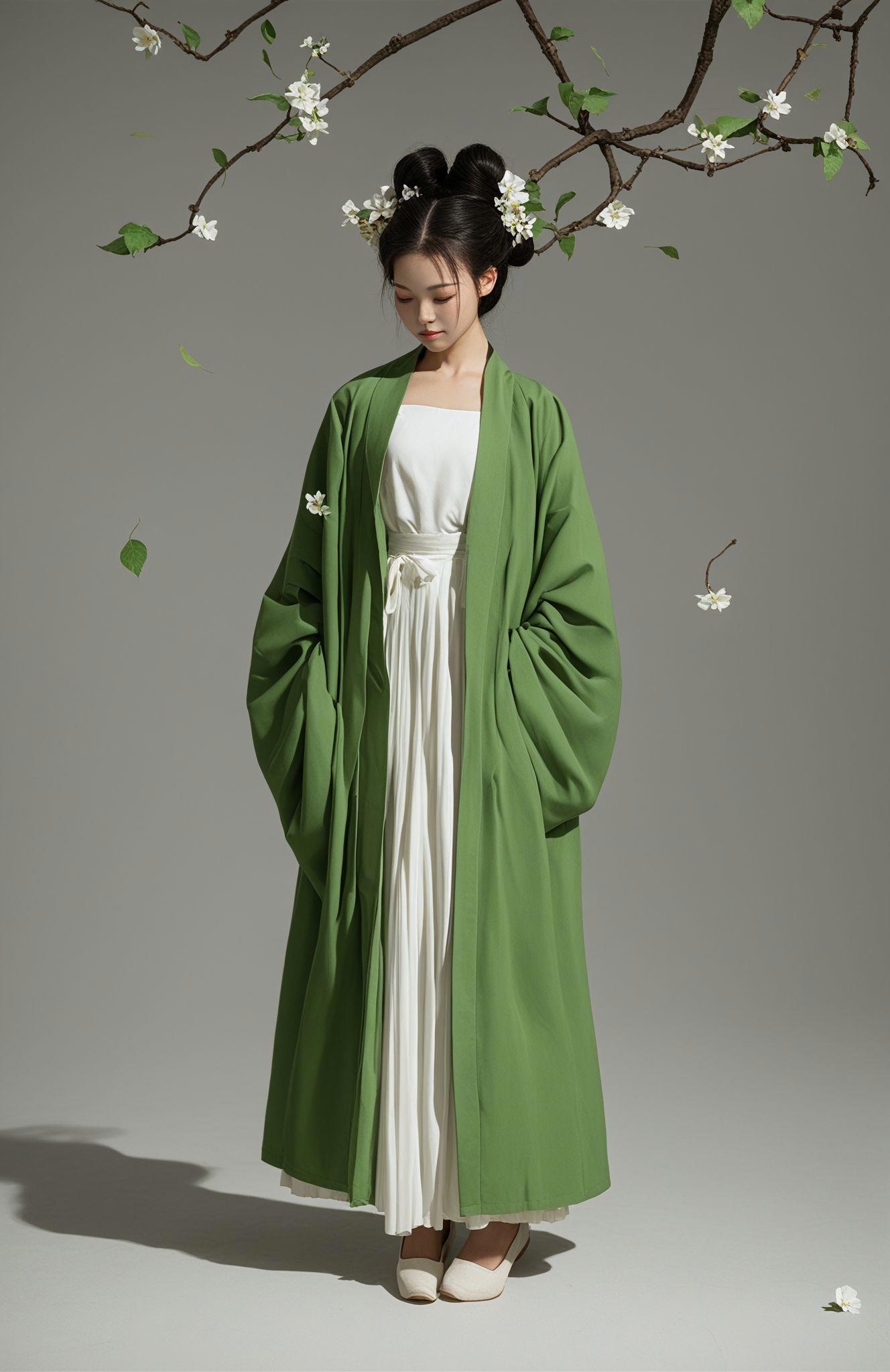 score_9,score_8_up,score_7_up,score_6_up,score_5_up,hanfu, hanfu,1girl, dress, solo, closed eyes, black hair, flower, white dress, long sleeves, green dress, full body, shadow, leaf, chinese clothes, hair bun, standing, closed mouth, branch, single hair bun, jacket, facing viewer, white flower, green coat